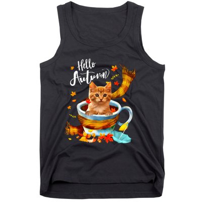 Funny Cat Leaf Fall Hello Autumn Cute Kitten Cat Lovers Tank Top