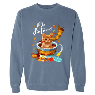 Funny Cat Leaf Fall Hello Autumn Cute Kitten Cat Lovers Garment-Dyed Sweatshirt