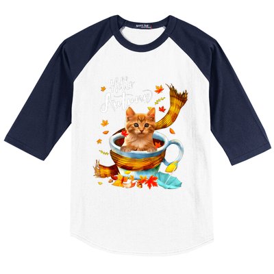 Funny Cat Leaf Fall Hello Autumn Cute Kitten Cat Lovers Baseball Sleeve Shirt