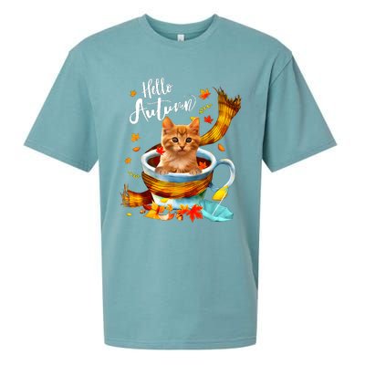 Funny Cat Leaf Fall Hello Autumn Cute Kitten Cat Lovers Sueded Cloud Jersey T-Shirt