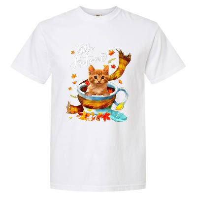 Funny Cat Leaf Fall Hello Autumn Cute Kitten Cat Lovers Garment-Dyed Heavyweight T-Shirt