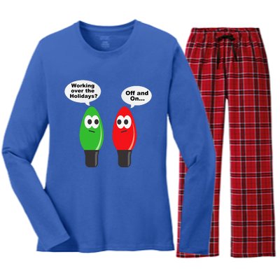 Funny Christmas Lights Joke Light Bulb Working Off On Pun Women's Long Sleeve Flannel Pajama Set 