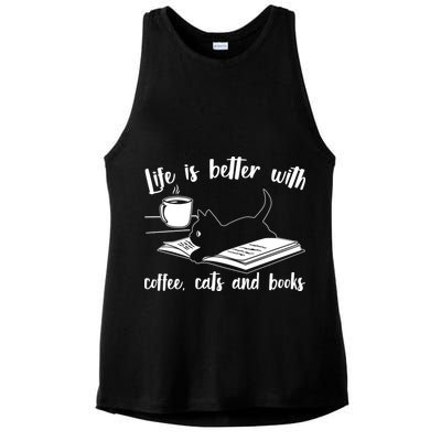 Funny Cute Life Is Better With Coffee Cats And Books Ladies PosiCharge Tri-Blend Wicking Tank
