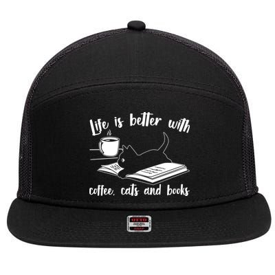 Funny Cute Life Is Better With Coffee Cats And Books 7 Panel Mesh Trucker Snapback Hat