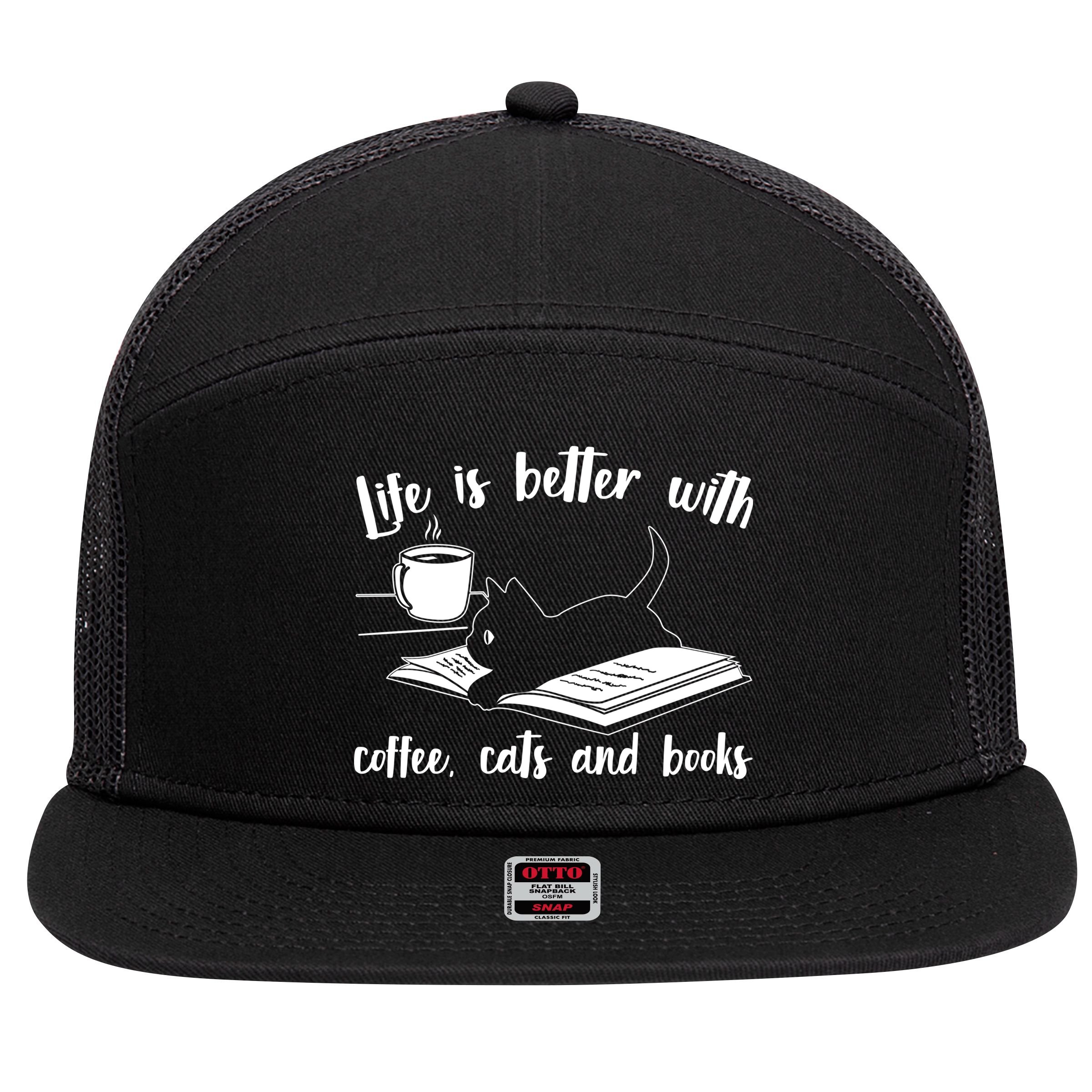 Funny Cute Life Is Better With Coffee Cats And Books 7 Panel Mesh Trucker Snapback Hat