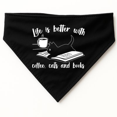 Funny Cute Life Is Better With Coffee Cats And Books USA-Made Doggie Bandana