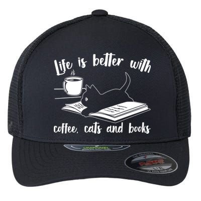 Funny Cute Life Is Better With Coffee Cats And Books Flexfit Unipanel Trucker Cap