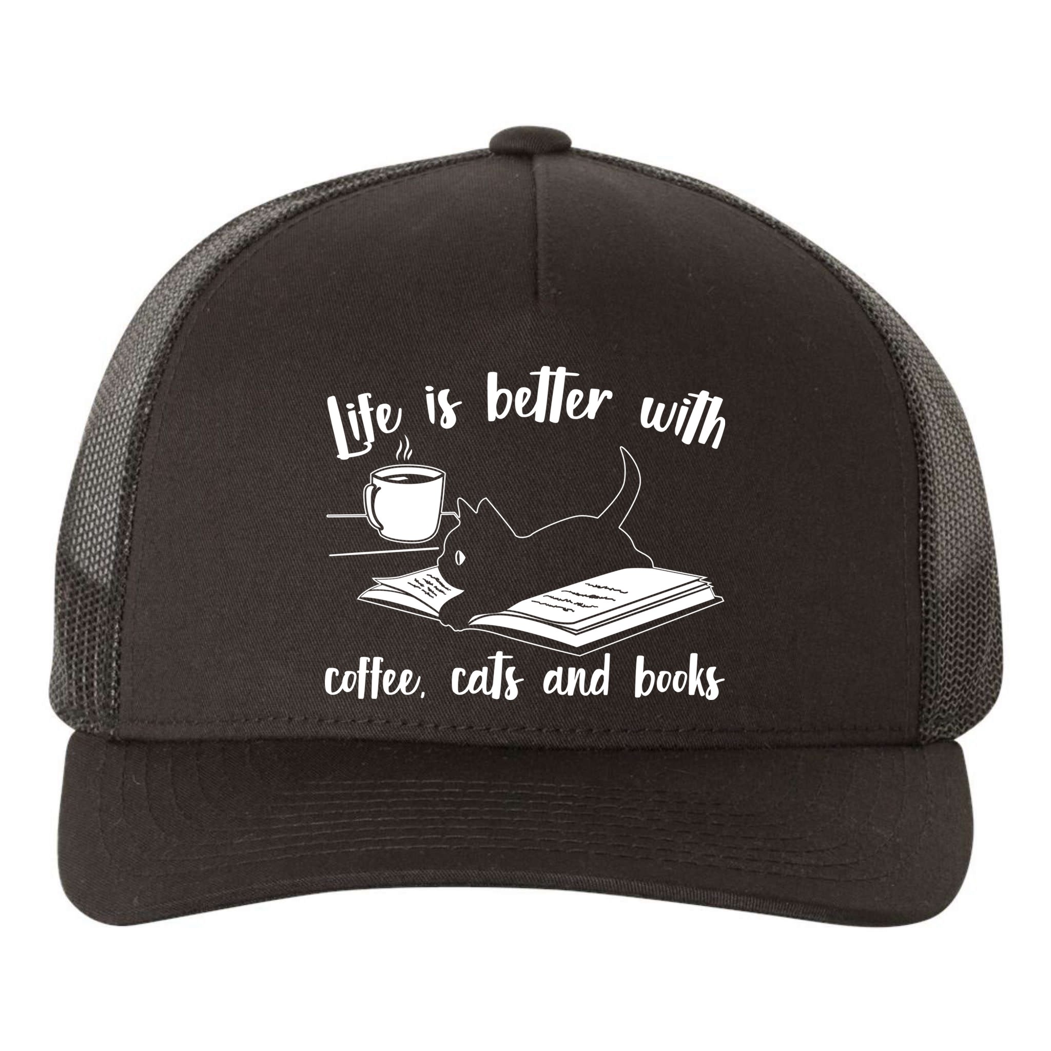 Funny Cute Life Is Better With Coffee Cats And Books Yupoong Adult 5-Panel Trucker Hat
