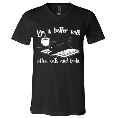 Funny Cute Life Is Better With Coffee Cats And Books V-Neck T-Shirt