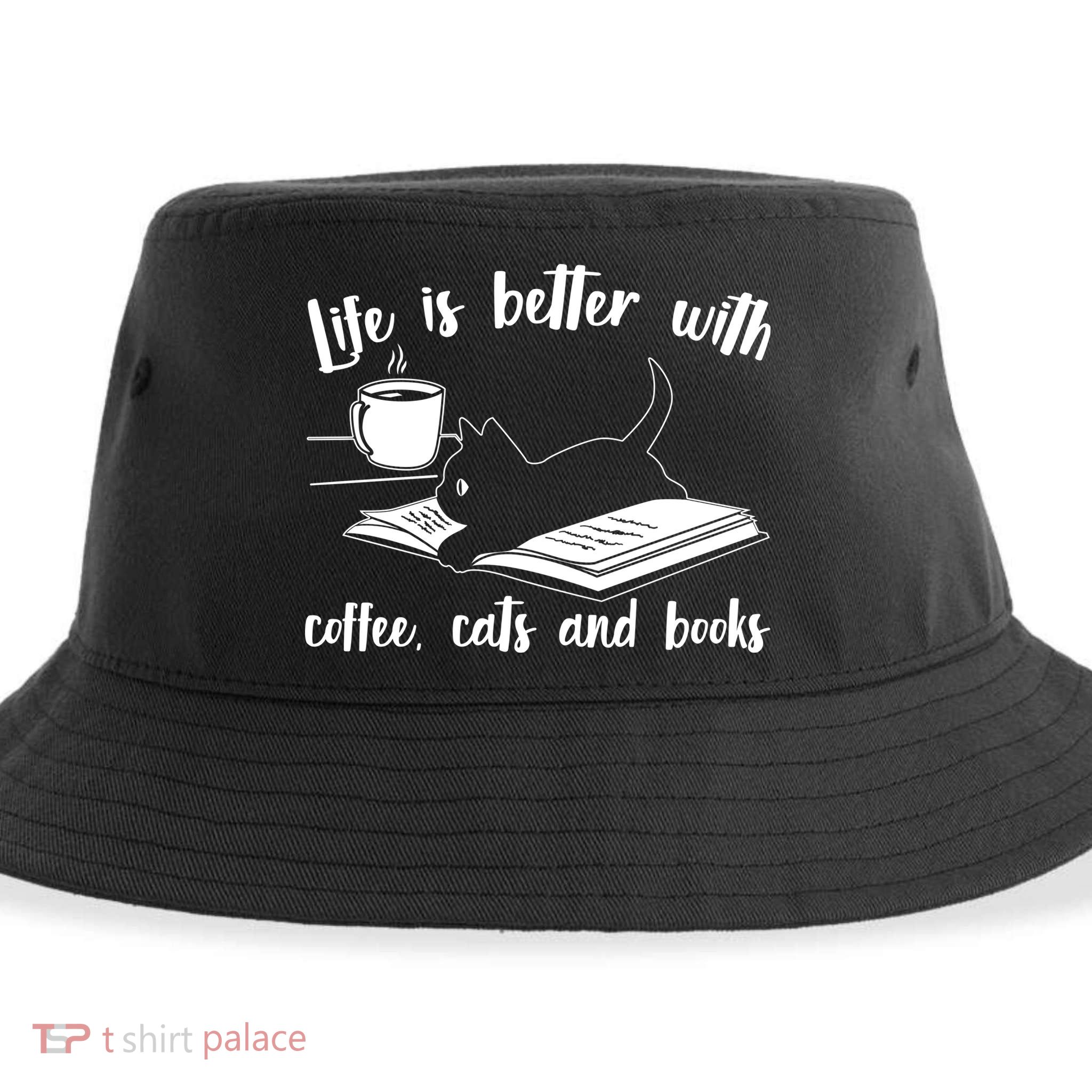 Funny Cute Life Is Better With Coffee Cats And Books Sustainable Bucket Hat