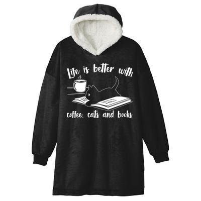 Funny Cute Life Is Better With Coffee Cats And Books Hooded Wearable Blanket