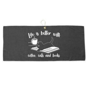 Funny Cute Life Is Better With Coffee Cats And Books Large Microfiber Waffle Golf Towel