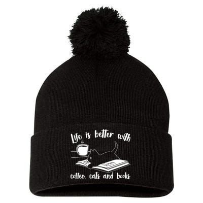 Funny Cute Life Is Better With Coffee Cats And Books Pom Pom 12in Knit Beanie