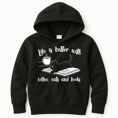 Funny Cute Life Is Better With Coffee Cats And Books Kids Hoodie