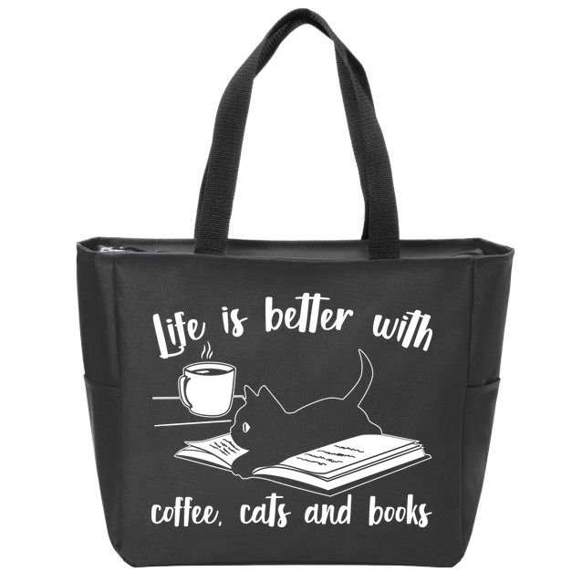 Funny Cute Life Is Better With Coffee Cats And Books Zip Tote Bag