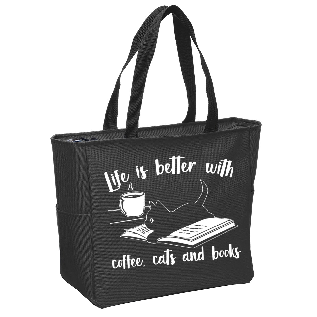 Funny Cute Life Is Better With Coffee Cats And Books Zip Tote Bag