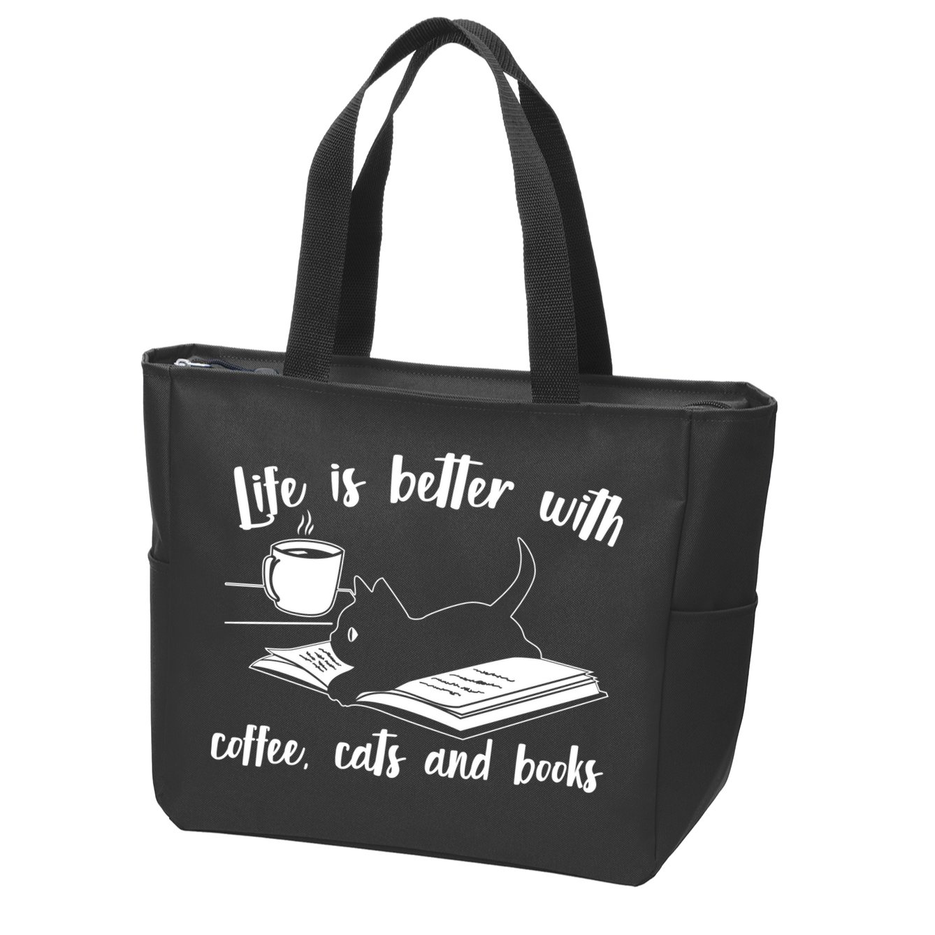 Funny Cute Life Is Better With Coffee Cats And Books Zip Tote Bag