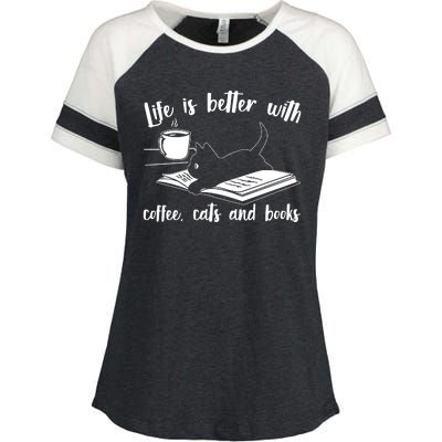 Funny Cute Life Is Better With Coffee Cats And Books Enza Ladies Jersey Colorblock Tee