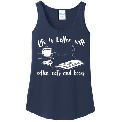 Funny Cute Life Is Better With Coffee Cats And Books Ladies Essential Tank