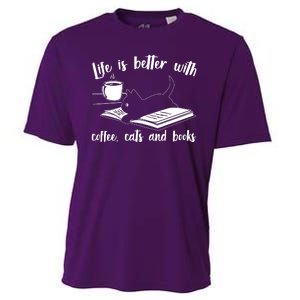 Funny Cute Life Is Better With Coffee Cats And Books Cooling Performance Crew T-Shirt