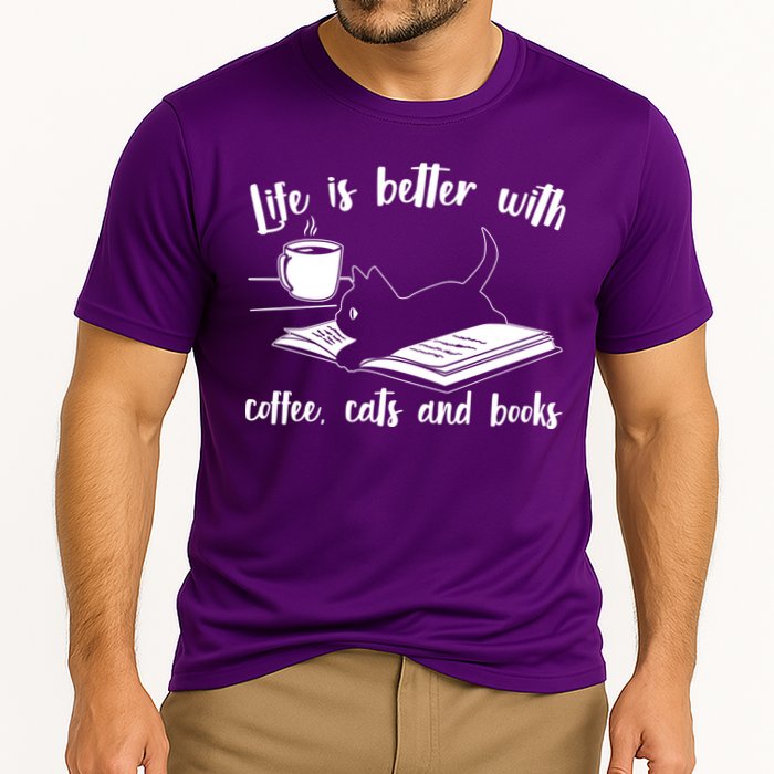 Funny Cute Life Is Better With Coffee Cats And Books Cooling Performance Crew T-Shirt