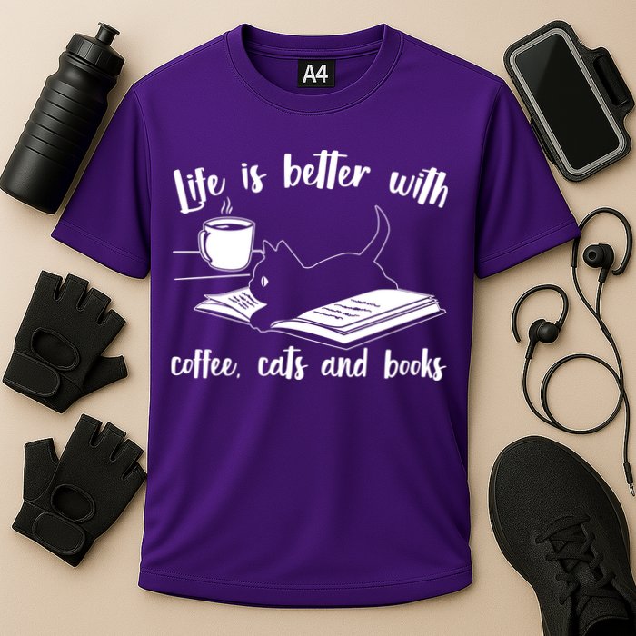 Funny Cute Life Is Better With Coffee Cats And Books Cooling Performance Crew T-Shirt