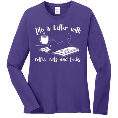 Funny Cute Life Is Better With Coffee Cats And Books Ladies Long Sleeve Shirt