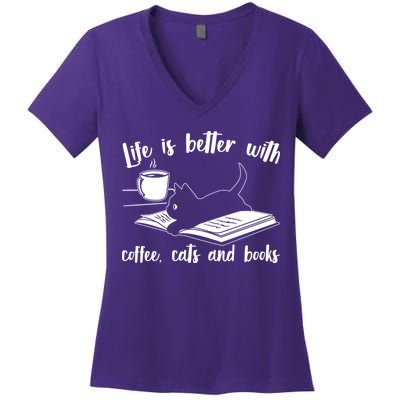 Funny Cute Life Is Better With Coffee Cats And Books Women's V-Neck T-Shirt
