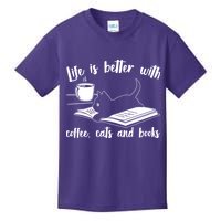Funny Cute Life Is Better With Coffee Cats And Books Kids T-Shirt