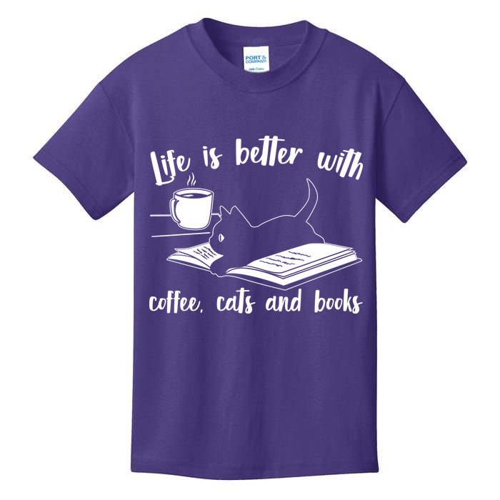 Funny Cute Life Is Better With Coffee Cats And Books Kids T-Shirt
