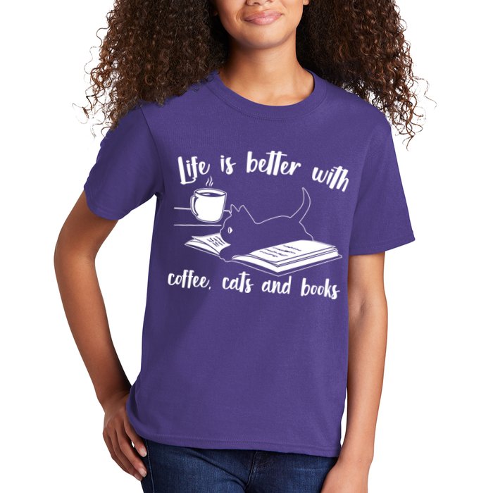 Funny Cute Life Is Better With Coffee Cats And Books Kids T-Shirt