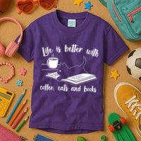 Funny Cute Life Is Better With Coffee Cats And Books Kids T-Shirt
