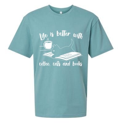 Funny Cute Life Is Better With Coffee Cats And Books Sueded Cloud Jersey T-Shirt