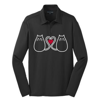 Funny Cat Lovers Valentine's Heart Top Gift Silk Touch Performance Long Sleeve Polo