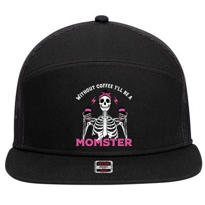 Funny Coffee Lover Mom Skeleton Pink Skull Momster Halloween Gift 7 Panel Mesh Trucker Snapback Hat