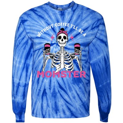 Funny Coffee Lover Mom Skeleton Pink Skull Momster Halloween Gift Tie-Dye Long Sleeve Shirt