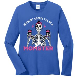 Funny Coffee Lover Mom Skeleton Pink Skull Momster Halloween Gift Ladies Long Sleeve Shirt