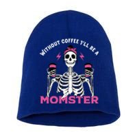 Funny Coffee Lover Mom Skeleton Pink Skull Momster Halloween Gift Short Acrylic Beanie