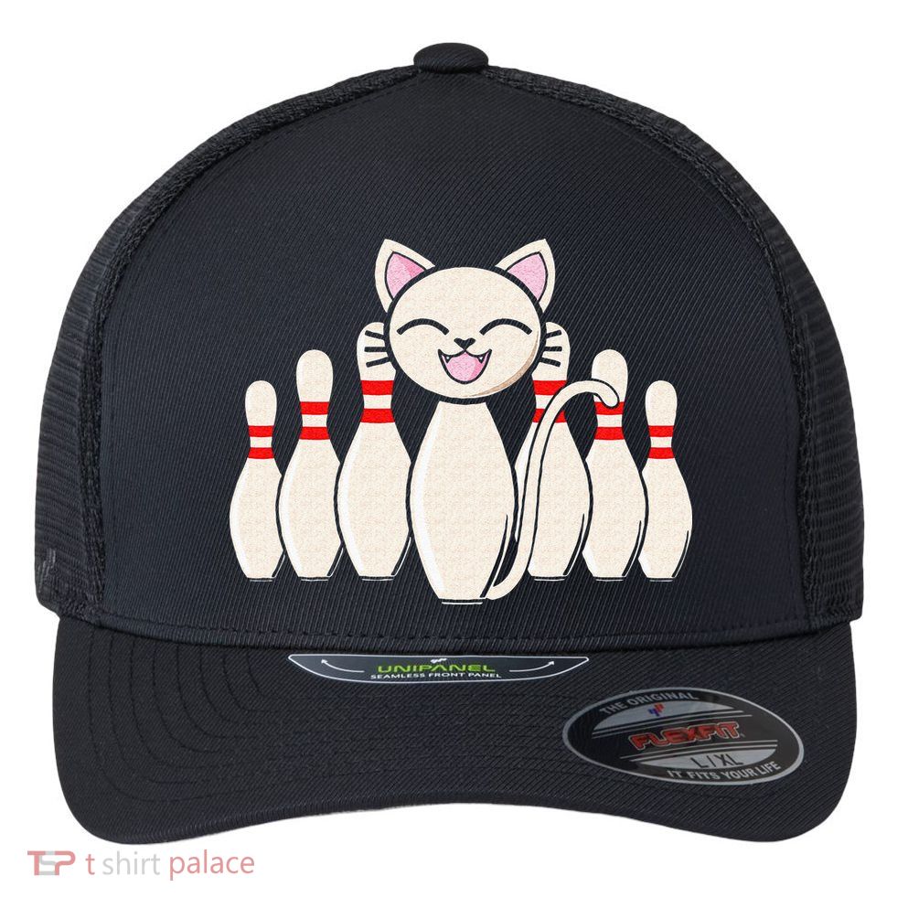 Funny Cat Lover Tee Bowling Pin Cat Bowler Bowling Player Flexfit Unipanel Trucker Cap
