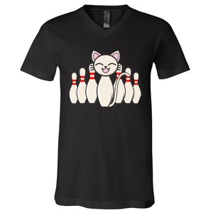 Funny Cat Lover Tee Bowling Pin Cat Bowler Bowling Player V-Neck T-Shirt