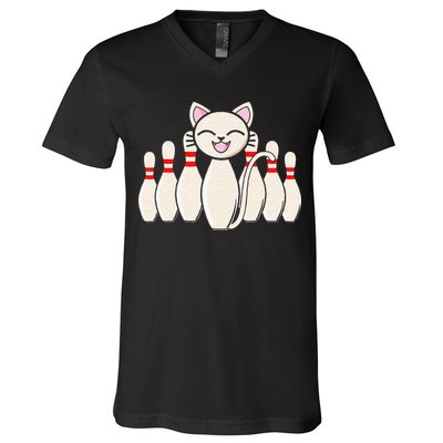 Funny Cat Lover Tee Bowling Pin Cat Bowler Bowling Player V-Neck T-Shirt