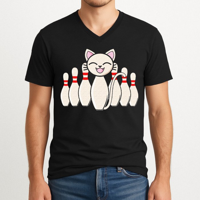 Funny Cat Lover Tee Bowling Pin Cat Bowler Bowling Player V-Neck T-Shirt