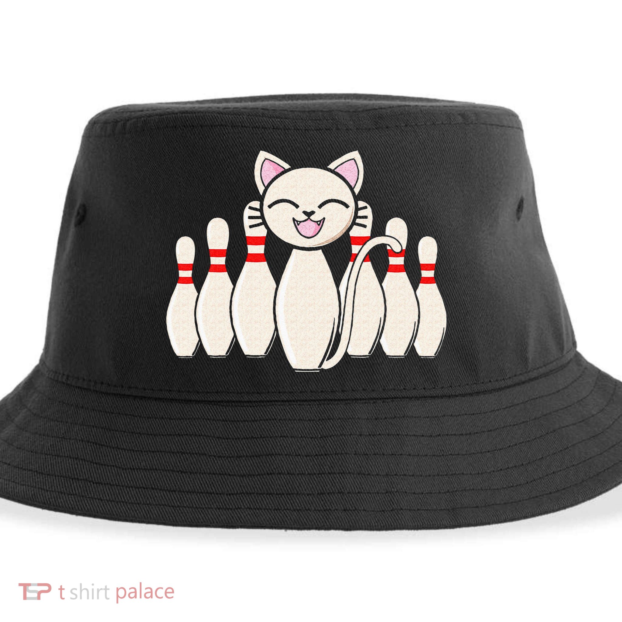 Funny Cat Lover Tee Bowling Pin Cat Bowler Bowling Player Sustainable Bucket Hat