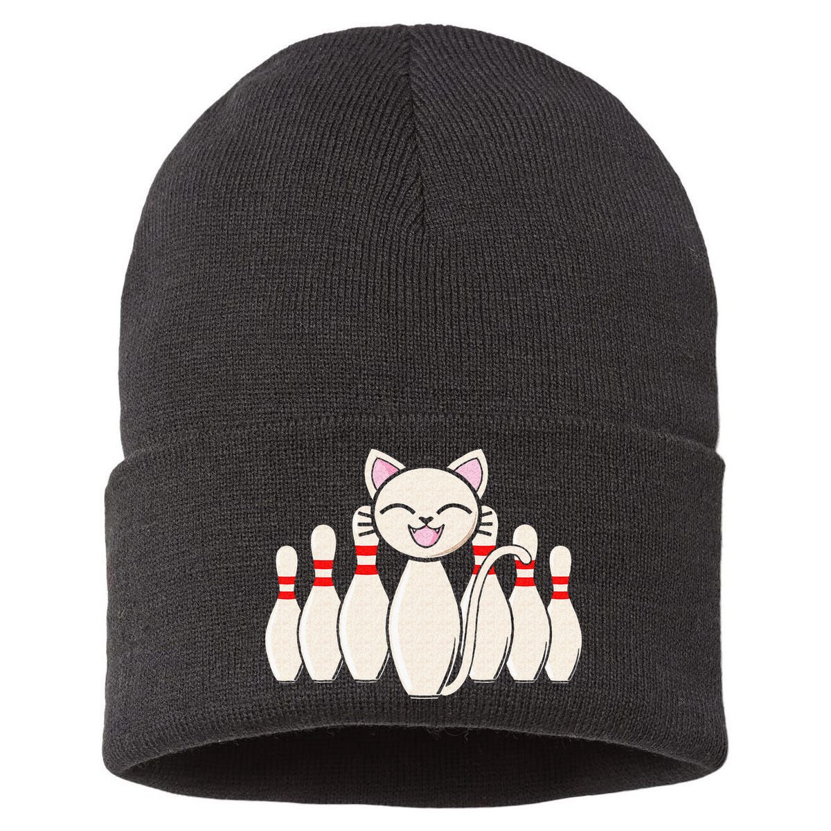 Funny Cat Lover Tee Bowling Pin Cat Bowler Bowling Player Sustainable Knit Beanie