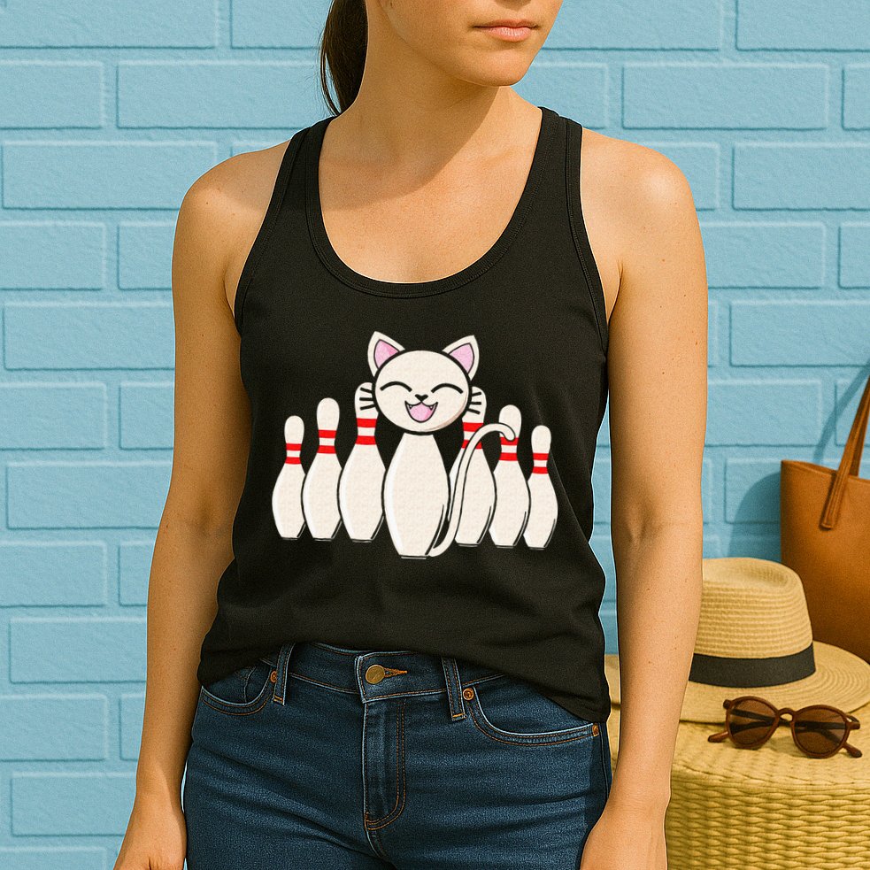 Funny Cat Lover Tee Bowling Pin Cat Bowler Bowling Player Womens Tank Top