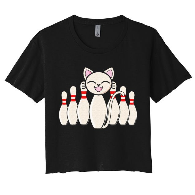 Funny Cat Lover Tee Bowling Pin Cat Bowler Bowling Player Crop Top