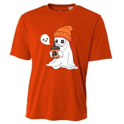 Funny Cute Little Ghost Halloween Spooky Season Drinking Coffee Gift Cooling Performance Crew T-Shirt