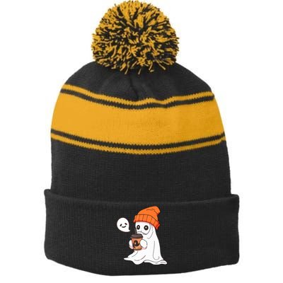 Funny Cute Little Ghost Halloween Spooky Season Drinking Coffee Gift Stripe Pom Pom Beanie