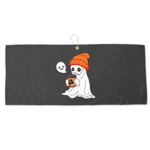 Funny Cute Little Ghost Halloween Spooky Season Drinking Coffee Gift Large Microfiber Waffle Golf Towel