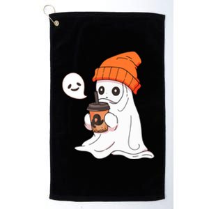 Funny Cute Little Ghost Halloween Spooky Season Drinking Coffee Gift Platinum Collection Golf Towel